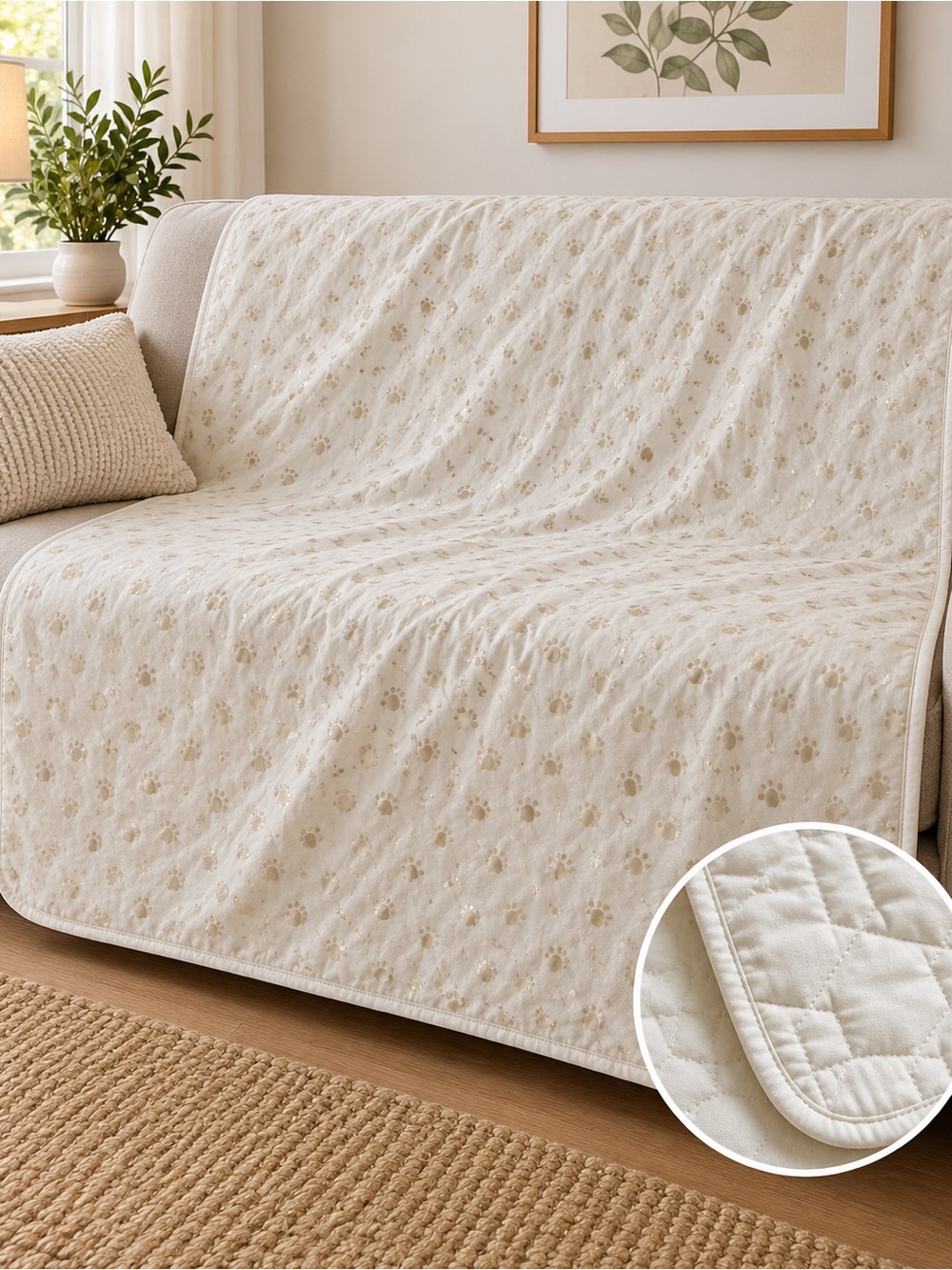Large Quilted Pet Furniture Protector Blanket Cream Paw Print 48x75 Non-Slip